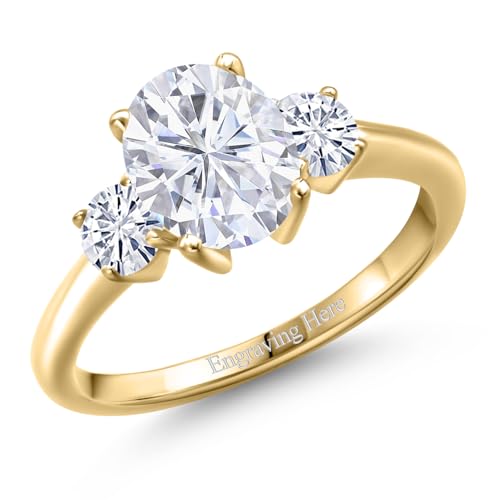 Gem Stone King 18K Yellow Gold Plated Silver Personalized and Customized Oval 9X7MM and Round 4MM Gemstone 3-Stone Birthstones Engagement Ring For Women