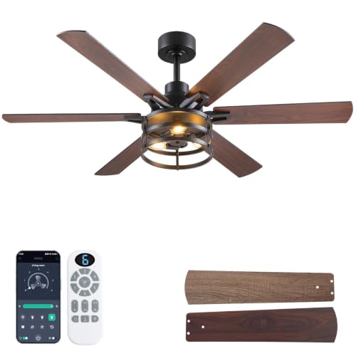Image of NKPU 52 Inch Farmhouse Ceiling Fan with Light and Remote, Brown Industrial Caged Rustic Ceiling Fan with 6 Speed