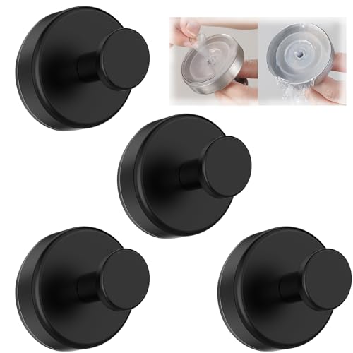 JING-HELPER 4 PCS Suction Cup Hooks for Shower, Shower Hook & Towel Hook for Bathroom, Kitchen, Glass Window, Shower Door, Mirror, Tile – Loofah, Towel, Coat and Bath Robe Hook for Hanging (Black)