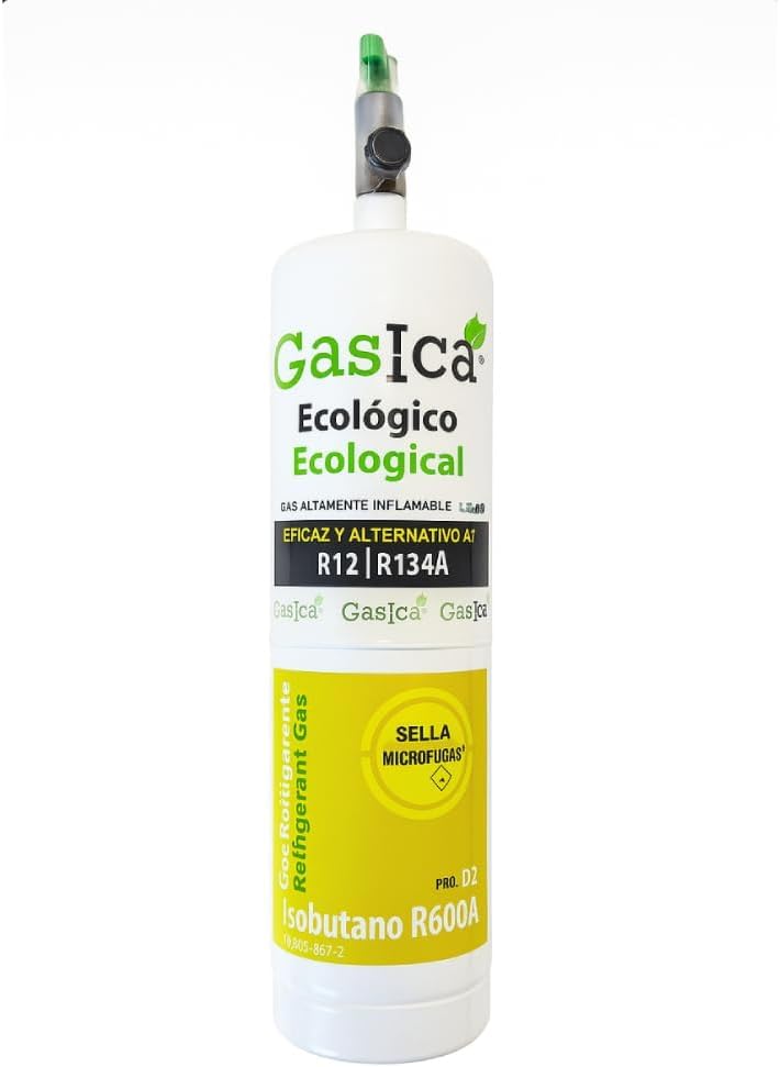 2x Envases GASICA PRO D2 - Gas Refrigerante Ecológico Orgánico - Equivalente 900g (R134A y R12) Apto para carga A/C Autos y hogar.
