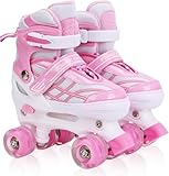 DUZSKJ Verstellbare Rollschuhe für Mädchen, verstellbare Rollschuhe mit 4 Rädern für Kinder, kleine und große Kinder, Anfänger (Rosa Weiß, S)