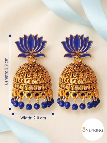 Image of OnlyKing Traditional Lotus Meenakari Jhumka Earrings for Women & Girls | Gold Color Oxidised Ethnic Floral Jhumki | Temple South Indian Style Ear rings Set | Stylish Trending Big Colorful Jhumkas (Available in 12 Colors)