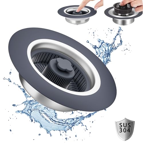 Ginbel Direct 3 in 1 Kitchen Sink Drain Strainer Stopper with Basket, Plug Pop Up 304 Stainless Steel Anti-Clogging Stoppers Combo for US Standard 3-1/2 Inch Drain, Silver