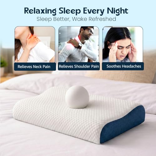 Image of Memory Foam Contour Pillow for Neck & Cervical Pain Relief | Ergonomic Neck Pillow for Back, Side & Stomach Sleepers | Washable Cotton Cover, Breathable Airflow Design - White, 30 x 50 x 10 CM
