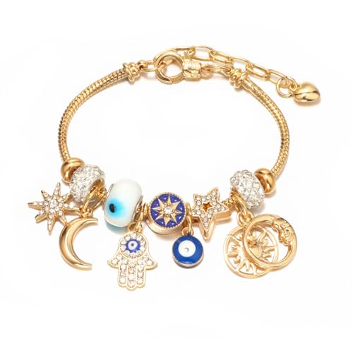 Image of Adjustable Evil Eye Hamsa Hand Bracelet - 18K Gold Plated Alloy with Sparkling Rhinestone & Crystal Pendants: Evil Eye, Hamsa, Star, Moon, Sun for Women’s Daily Protection & Positive Energy
