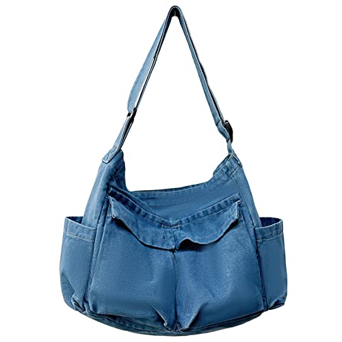 Image of LassZone Canvas Messenger Bag Large Crossbody Bag Hobo Shoulder Handbags Multi Pocket Denim Tote Bag for Women or Men