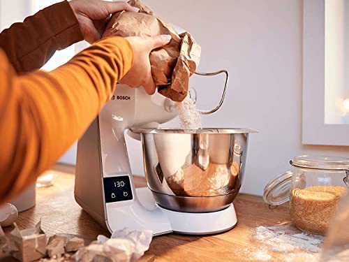 Foto von Bosch Küchenmaschine MUM5 MUM5XW20, Edelstahl-Schüssel 3,9 L, integrierte Waage, Mixer 1,25 L, Profi-Knethaken, Schnee-, Silikonbesen, Durchlaufschnitzler, 4 Scheiben, 1000 W, weiß