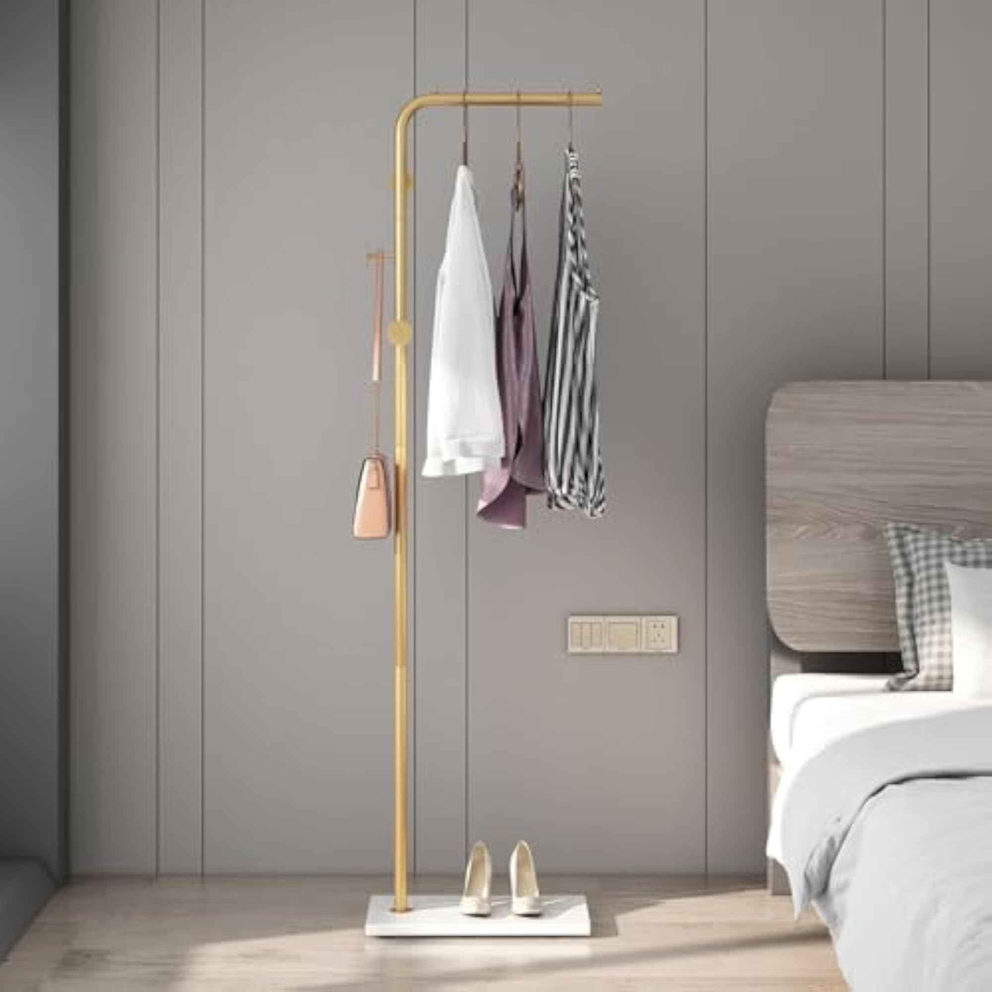 Gold Freestanding Coat Rack with Crossbar and 3 Hooks