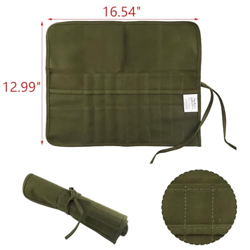 Image of Green Canvas Paint Brush Holder Roll-up Case Bag, 22 Slots Pockets Carry Pouch Artist Brush Storage Organizer, 16.54 inch L x 12.99 inch W