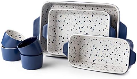 La Rochelle 7 Pc. Ceramic Bakeware Set with Square and Round Pans, Rustic Farmhouse Dishes for Baking, Cooking, Lasagna, and Pastries, Thick Non-Stick Bake Surface