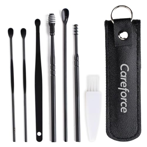 Image of Careforce - The Force Behind Your Health Ear Cleaning Kit Steel & Reusable With Storage Pack Tool Kit With Ear Curette Cleaner And Spring Ear Buds Cleaner 6 Pcs Set Black