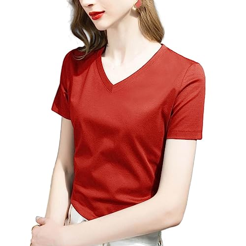 T-shirt à col en v pour femme en coton rouge ajusté taille mince
