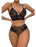 Lilosy Sexy Women Floral Lace Pajamas Lingerie Set High Waist Sheer Sleepwear See Through Nightwear Cami Shorts Bra and Panty 2 Piece Black #2 Large