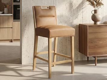 HNY 26 Inch Upholstered Modern Bar Stool, Wooden Counter Height Barstool with 5" Thick Padded Seat & Cushioned Back, Armless Faux Leather Bar Chair for Kitchen Island, Home Bar, Brown