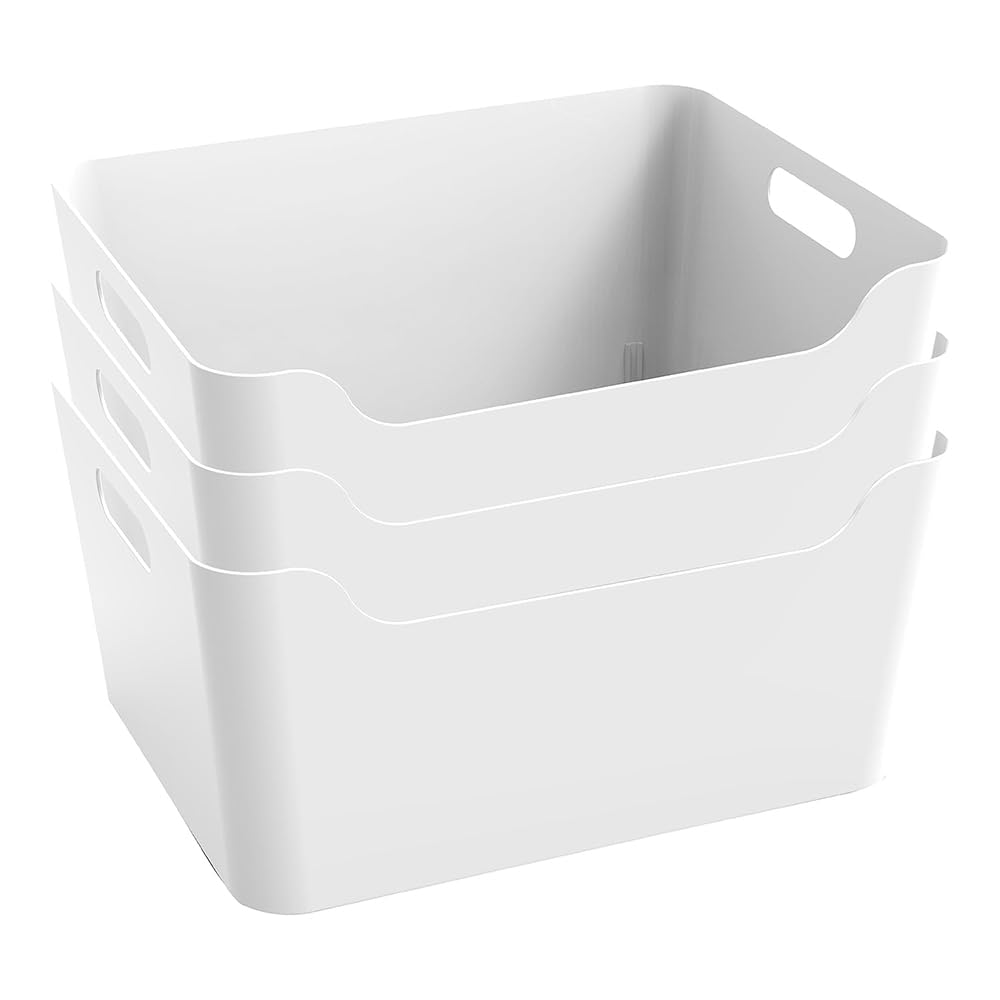 KOLORR Jolly Plastic Extra Large Basket with Handle for Storage Box|Multipurpose Light Weight Plastic Baskets organiser for Clothes Toys Stationary Cosmetics Livingroom Bathroom|Pack of 3 - Nir White