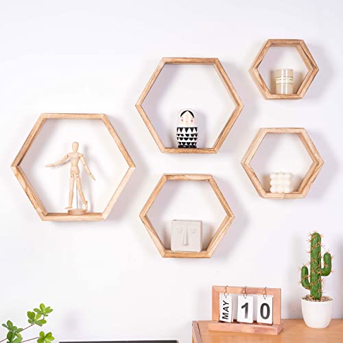 Wonfulity Hexagon Floating Shelves, Wall Mounted Wood Farmhouse Storage Honeycomb Shelves Set Of 5 Wall Shelf For Bathroom, Kitchen, Bedroom, Living Room,Driftwood Finish Wall Decor, Light Brown #TOP1