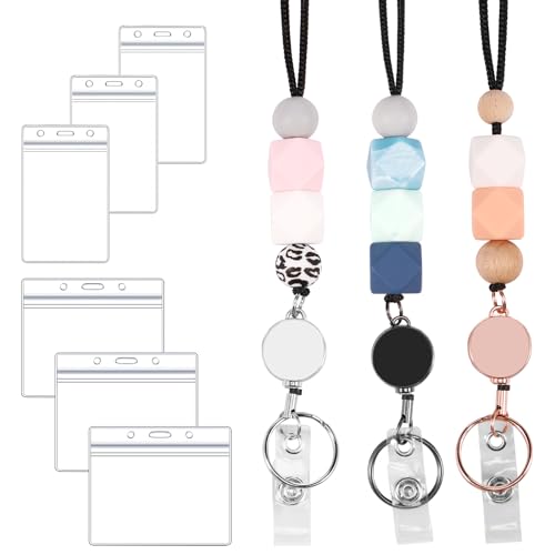 HSHGZSR Badge Holder and Lanyard Set Waterproof Student Badge Holder ID Card Holder Cute Beaded Retractable Lanyard Horizontal and Vertical Name Tag Badge Holder for Student Nurse (Combination 1)