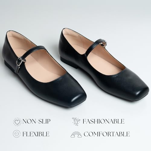 WONDERWAY Women Mary Jane Shoes,Square Toe Flats Ballet Flats for Women, Comfortable Ankle Strap,Easy to take on and Off,Matched with Skirts, Dress,Jeans and More.4