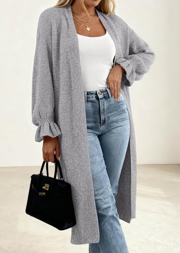 KIRUNDO Cardigan Sweaters for Women 2026 Fall Oversized Ruffle Long Sleeve Casual Open Front Knit Cardigans Sweater Coat(Grey, Medium) — view 2