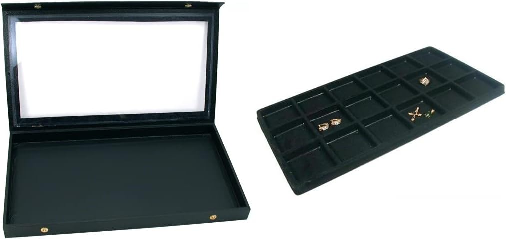 Black Glass Top Jewelry Case (Snap Close lid) w/ 1 Tray Insert (Black 18-Slot Plastic Tray)