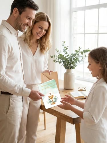 12er Kommunionkarten mit Umschlag Siegel-Aufklebern Set, Kommunionkarten Glückwunsch Erstkommunion Karte mit Eukalyptus Design, A6, Premium Motive Klappkarten Kommunion Jungen & Mädchen