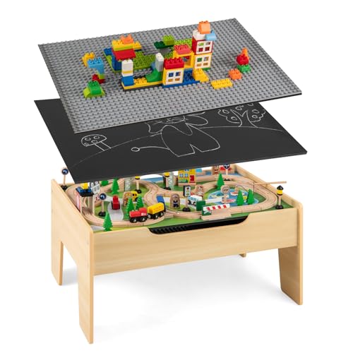 DREAMADE Table Circuit de Train en Bois, 78 Pièces avec Rails, Plateau Réversible & Amovible, Jouet Interactif Parent-Enfant, 3+ Ans