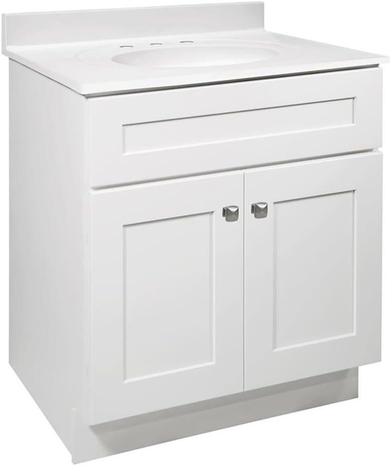 Pemberly Row 30" Bathroom Vanity Base, Solid Wood Construction, White Finish, Shaker Design with Soft-Close Doors, 2-Door Cabinet for Bathroom Storage, Fits 31" W x 22" D Vanity Top