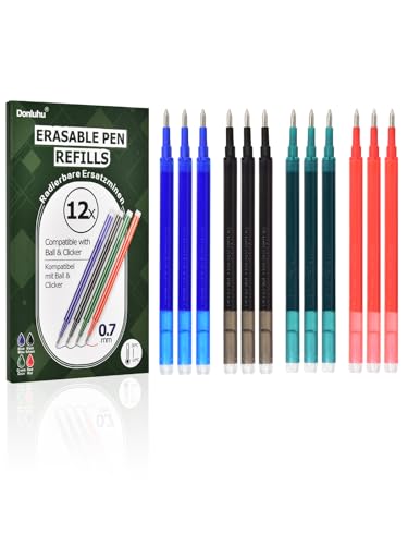 Donluhu Navullingen voor uitwisbare pennen [3 zwart, 3 blauw, 3 rood, 3 groen, 12 stuks, 0,7 mm] compatibel met Pilot FriXion Ball & Clicker, navulbare vullingen voor uitwisbare gelpennen