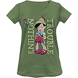 camisetas disney mujer Camiseta de mujer Disney Pinocchio "Pinocchio Trouble Since 1940", referencia: WODPINOTS001, color: caqui, talla M