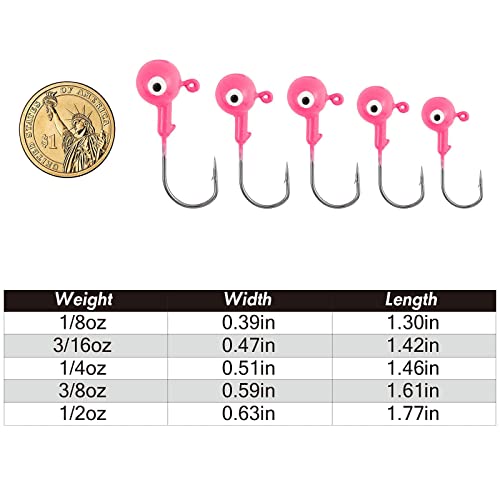 Alwonder 10 Pack Round Fishing Jig, Bass Ball Jigs 3D Eyes High Carbon Steel Jig Hooks Bass Lures Jig Heads Freshwater Saltwater Surf Fishing Jigs For Walleye Striper Pompano, Pink-3/8Oz #TOP6