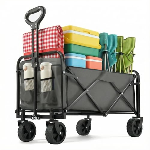 Collapsible Wagon 220 lbs, Heavy Duty Wagon Carts Foldable, Portable Wagons for Groceries, Beach Cart with All-Terrain Wheels & Drink Holders, Utility Wagons for Shopping, Sports, Camping, Grey