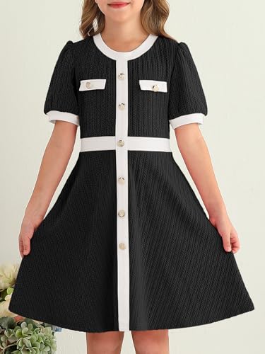YOVION Girls Summer Dress Puff Sleeve Crewneck Button Color Block Casual Party Dresses with Pockets for 6-12 Y2