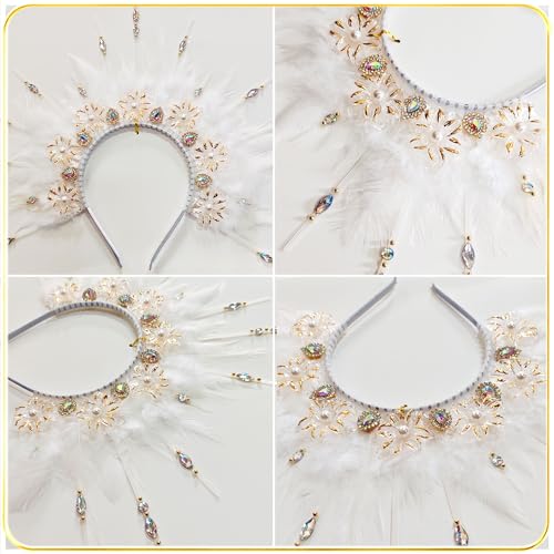 JeVenis White Feather Headpiece 1920s Carnival Accessories Headdress Mardi Grasl for Women Flapper Costume Supplies (Fairy Flower) - Thumbnail 4