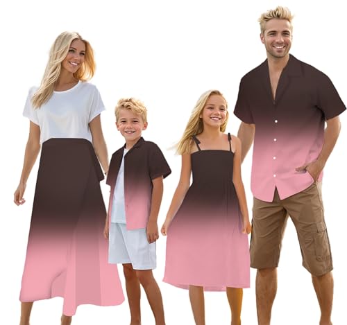 Cromoncent Matching Hawaiian Outfits for Family, Dad and Son Matching Luau Beach Tropical Shirts Mommy Daughter Tropical Sets，Hawaiian Shirt，Gradient Black Pink,13-14Y=Tag185
