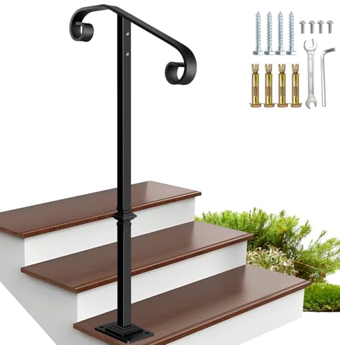Zwinz Handrail Railing, Single Post Handrail, Sturdy Outdoor Handrails with Base, Wrought Iron Stair Handrail Fits 1 or 2 Steps, Grab Rail for Steps Porch, Black by Zwinz - Used condition - US$43.19