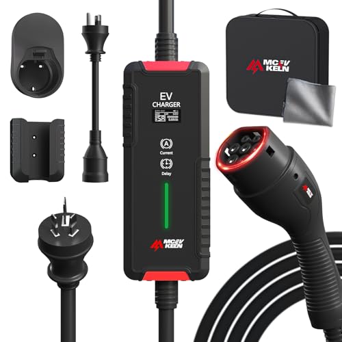 MCEVKELN Type 2 EV Charger- 10A/15A EV Charging Cable with Australian 15 A Plug|10A Adapter |Scheduled Charging|5M| Compatible with All IEC62196 EV, Tesla/BYD/MG/Cupra/Polestar