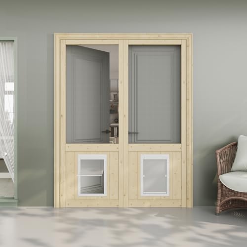 60" x 80"（Double French Slab 30"） Pine Wooden Screen Door, with Built-in Dog Door - Universal Hinged Gauze Mesh Pet Door for Exterior/Interior, Pre-Assembled Easy Installation