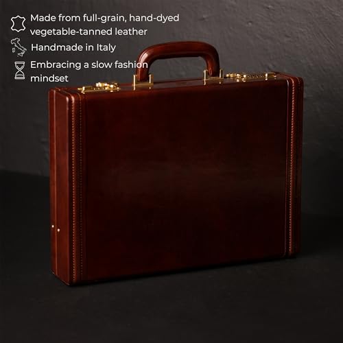 Time Resistance Leather Attache Case - Aktówka z włoskiej skóry licowej - Torba na laptopa do 15 cali - Twarde etui z zamkiem, Brązowy, Klasyczny, profesjonalny