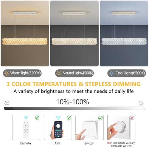 YLKP 47 Inch Rectangular Crystal Chandelier Glam Dimmable LED Chandeliers for Dining Room Linear Pendant Light with Remote Control for Kitchen Island Silver by YLKP - Image 6