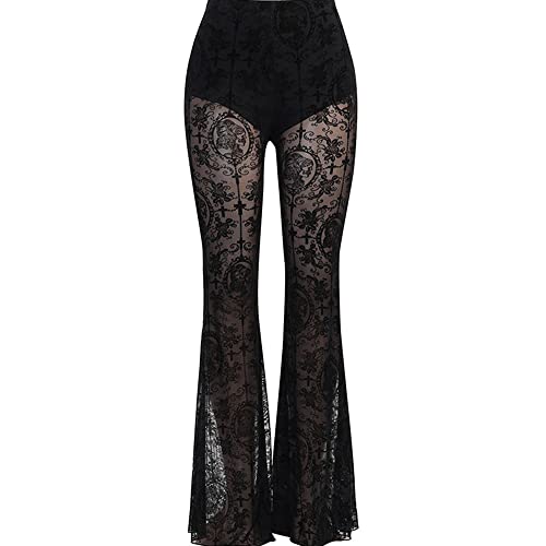 Pantalon évasé en dentelle transparente de style gothique et hippie