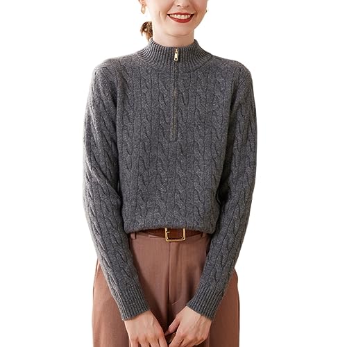 Image of DISSA Women Cashmere Half-Zip Wave Cable Relaxed Jumper,Grey,12