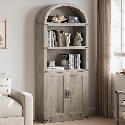 GarveeHome Bookcase with Doors Arched Bookshelf 71.65 in Tall Bookcase Farmhouse Cabinet with Shelves Wooden Bookshelves for Home Office, Living Room