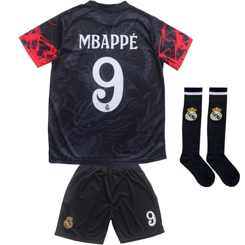 Mbappe Madrid 9 Special Dragon Limited Edition Kids Soccer Jersey Shirts Football Futbol Socks Gift Set Youth Sizes(Black,24)