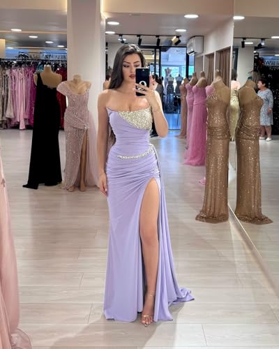 Mermaid Prom Dresses for Women Sparkly Sequins Spandex Satin Formal Dress with Slit Strapless LW1453