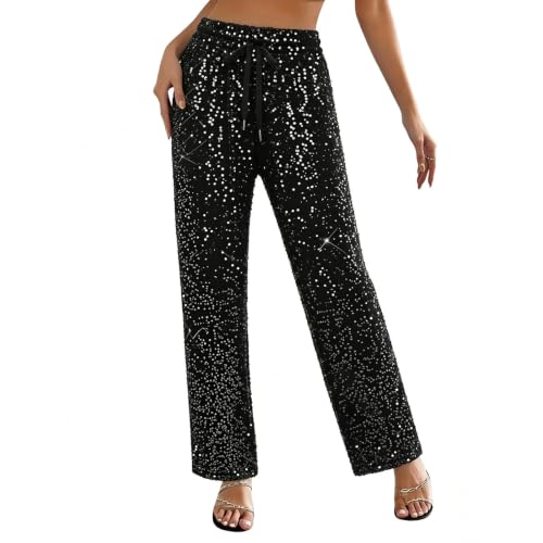 Image of Black Womens Velvet Sequin Trousers High Waist Drawstring Party Pants | Straight Leg Full Length Sparkle Trousers Party Evening Dining Holiday Travelling Wedding Dancing Travelling