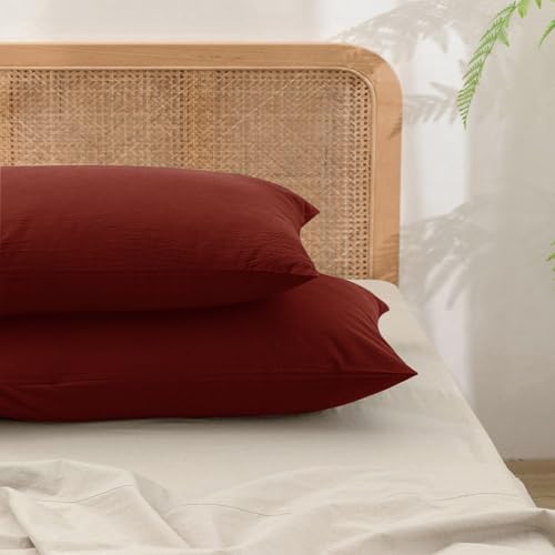 BESTOUCH Washed Cotton Pillowcases Linen Feel Fired Brick Red King