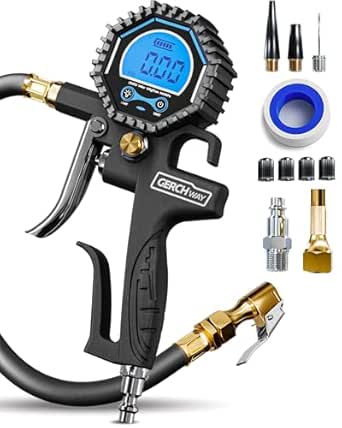 Digital Tire Pressure Gauge with Inflator (3-200 PSI), Heavy Duty Air Chuck and Compressor Accessories with Swivel Air Chuck, Longer Hose, Large Display (0.1 Res)