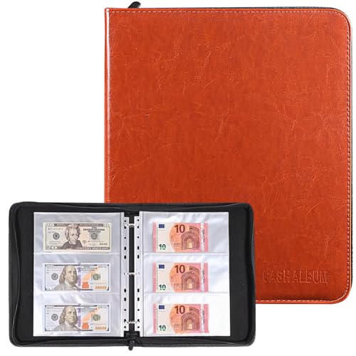 Cash Album with 180 Pockets WITHYU Expandable 3-Ring Binder Currency Organizer with Clear Non-PVC Sleeves for Banknotes Bills Tickets and Collectibles (Rust)