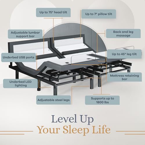 Image of Sven & Son Bliss Adjustable Bed Base-Frame Only, Head and Foot Lift, Lumbar Support, Head-Pillow-Tilt, Massage, Under-Bed Lights, USB, Memory Positions, Zero Gravity - King
