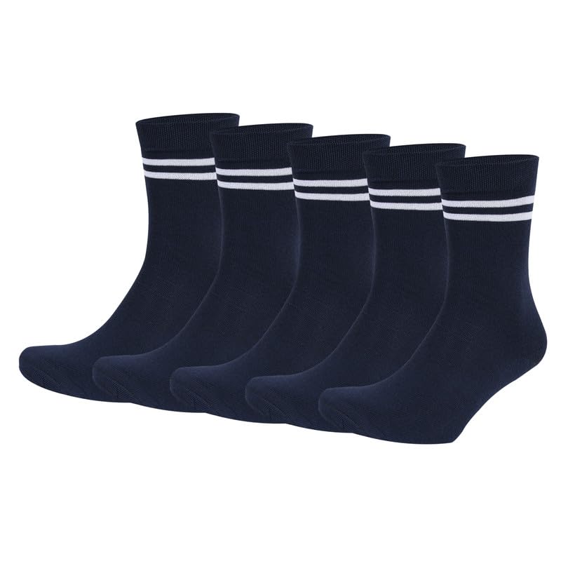 Bizala Navy Blue With White Stripes Calf Length School Cotton Socks for Boys & Girls (Pack of 5 Pairs)